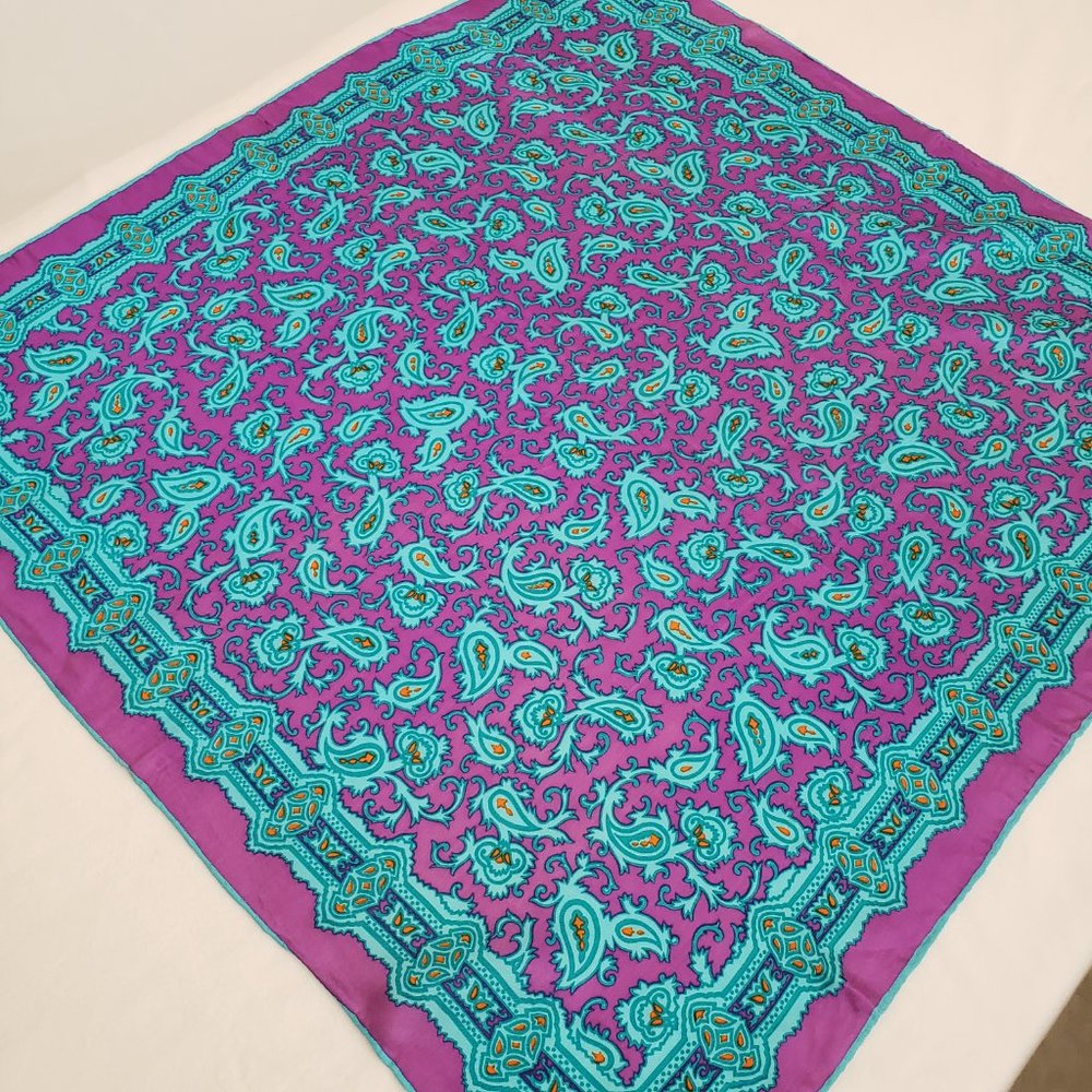 Unknown Designer Paisley Scarf-100% Silk-27x27-Jewel Tone Turquoise/Raspberry